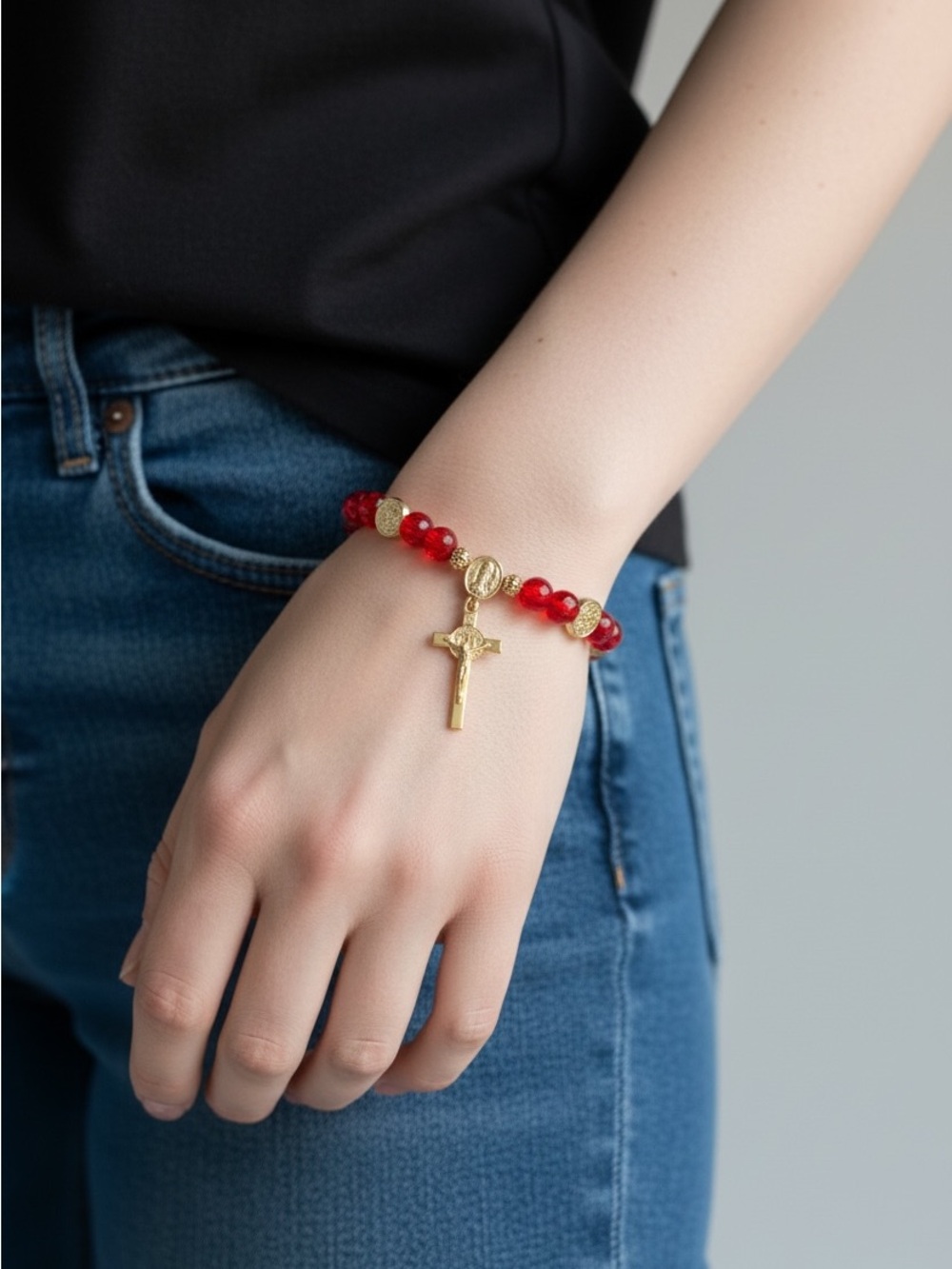 9/10 Gold Cross Charm Red Bead Bracelet by